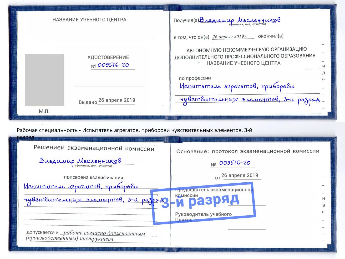 корочка 3-й разряд Испытатель агрегатов, приборови чувствительных элементов Туапсе