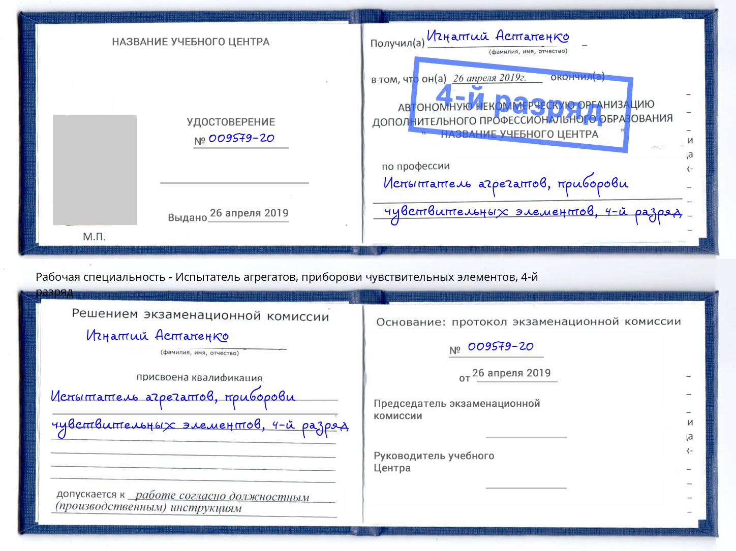 корочка 4-й разряд Испытатель агрегатов, приборови чувствительных элементов Туапсе