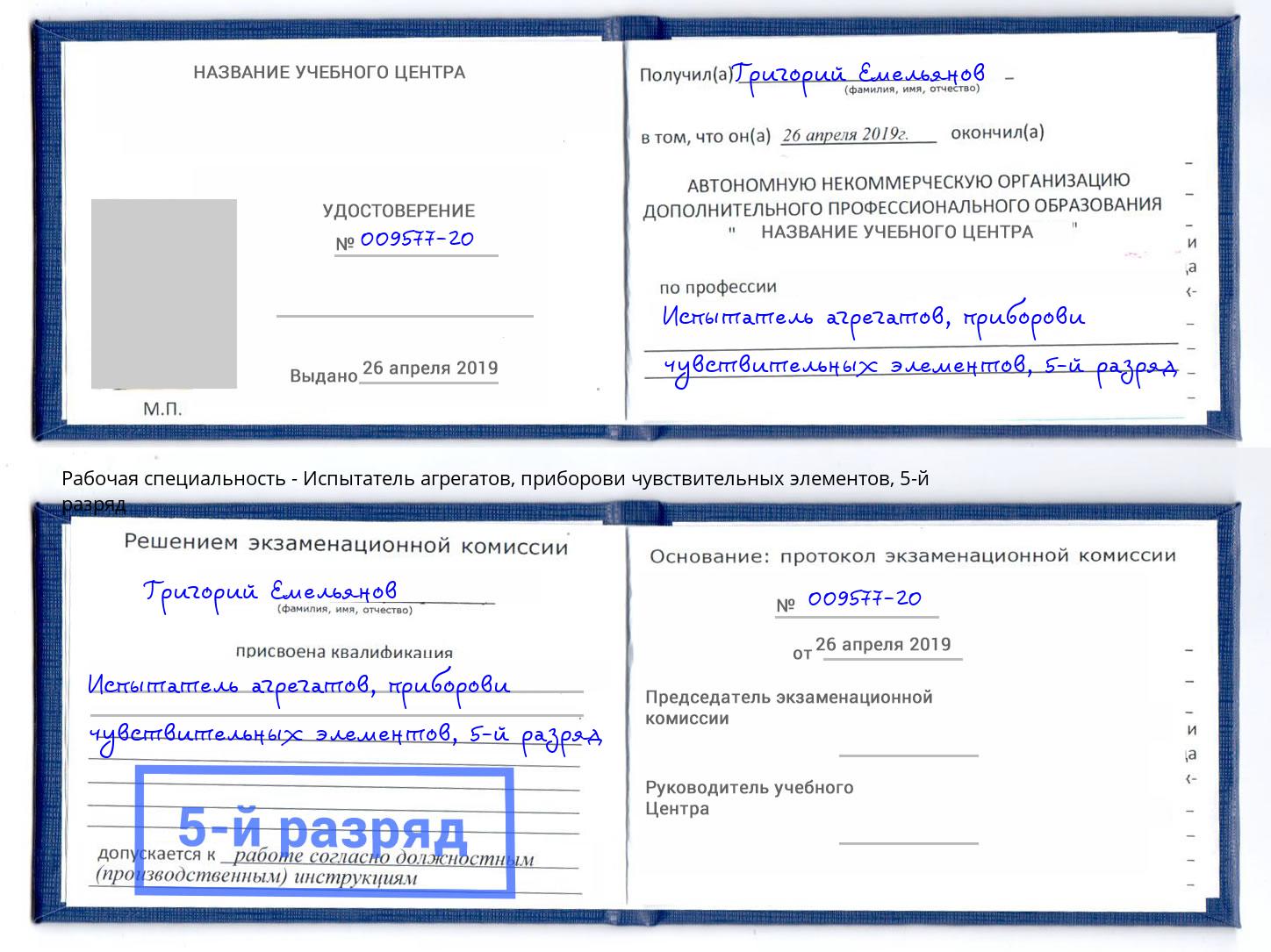 корочка 5-й разряд Испытатель агрегатов, приборови чувствительных элементов Туапсе