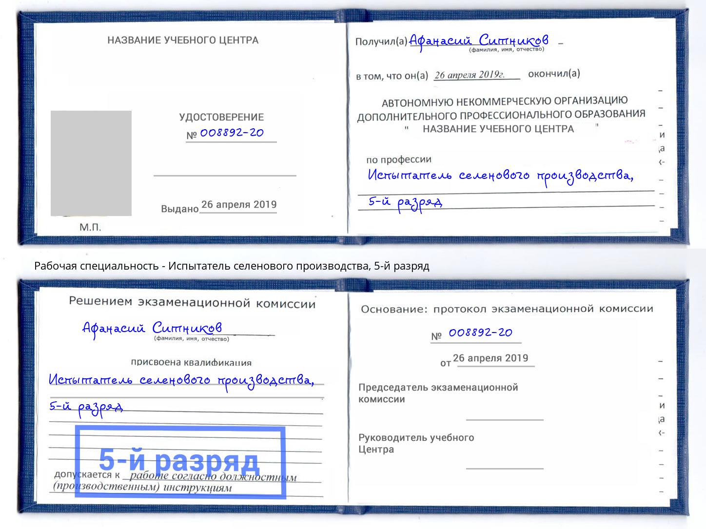 корочка 5-й разряд Испытатель селенового производства Туапсе