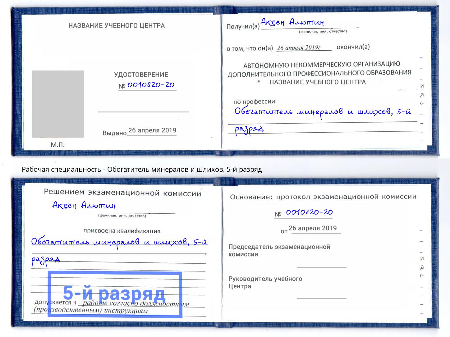 корочка 5-й разряд Обогатитель минералов и шлихов Туапсе