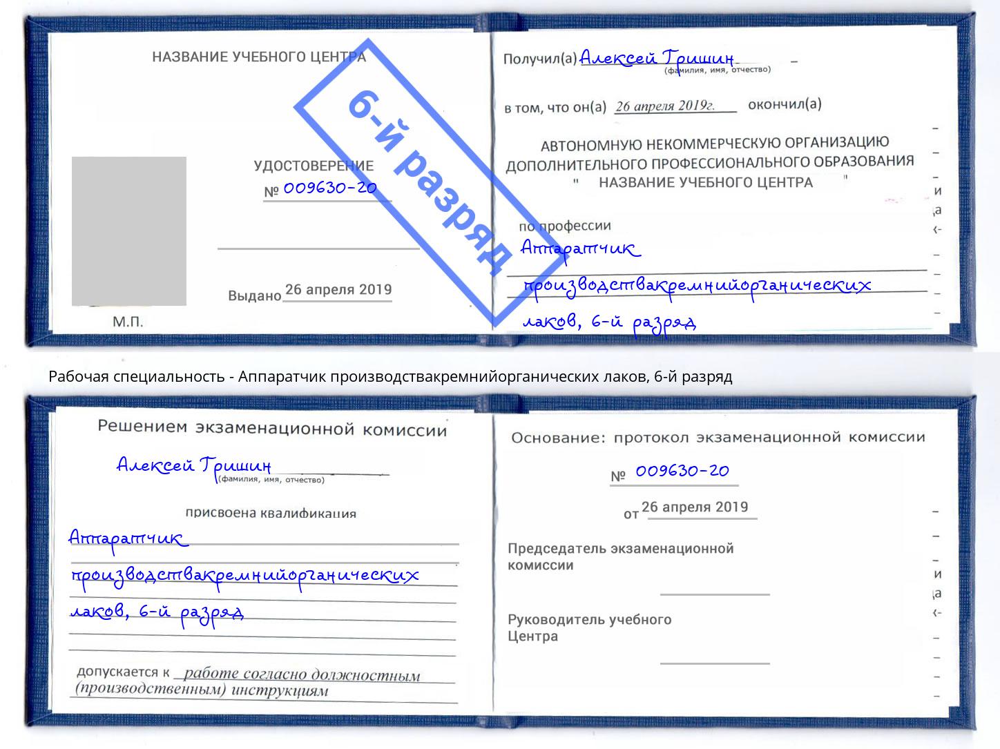 корочка 6-й разряд Аппаратчик производствакремнийорганических лаков Туапсе