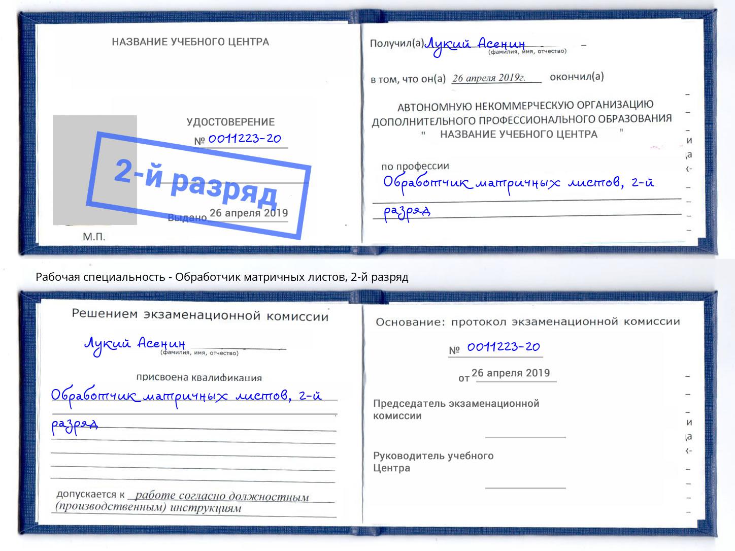 корочка 2-й разряд Обработчик матричных листов Туапсе