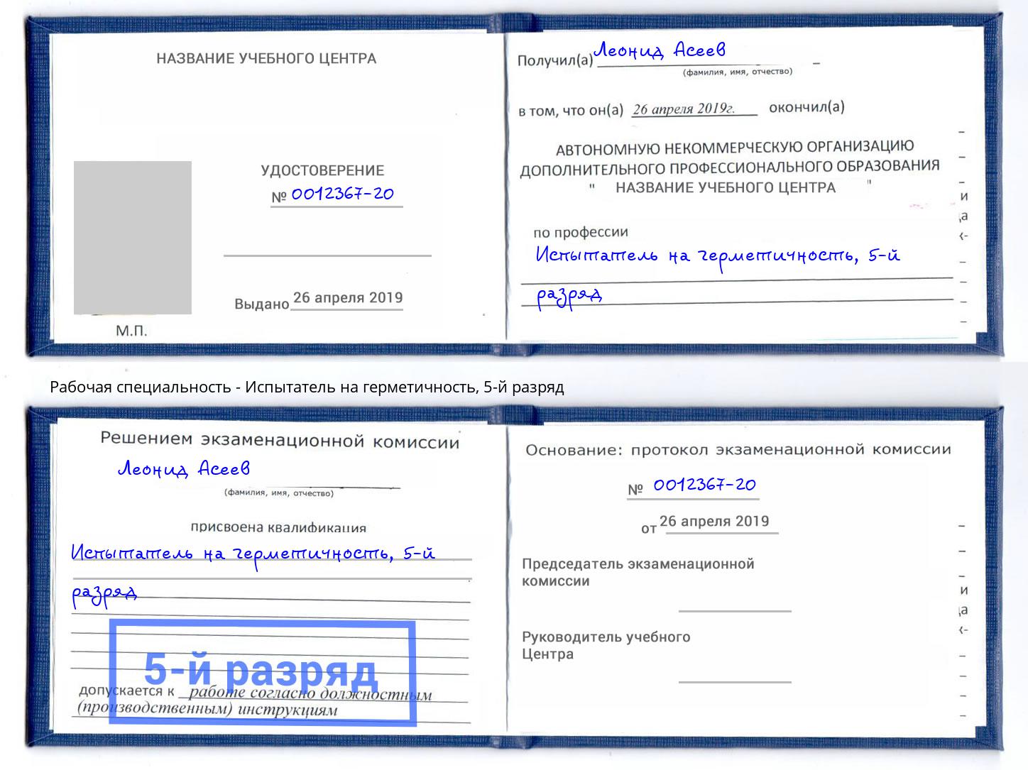корочка 5-й разряд Испытатель на герметичность Туапсе