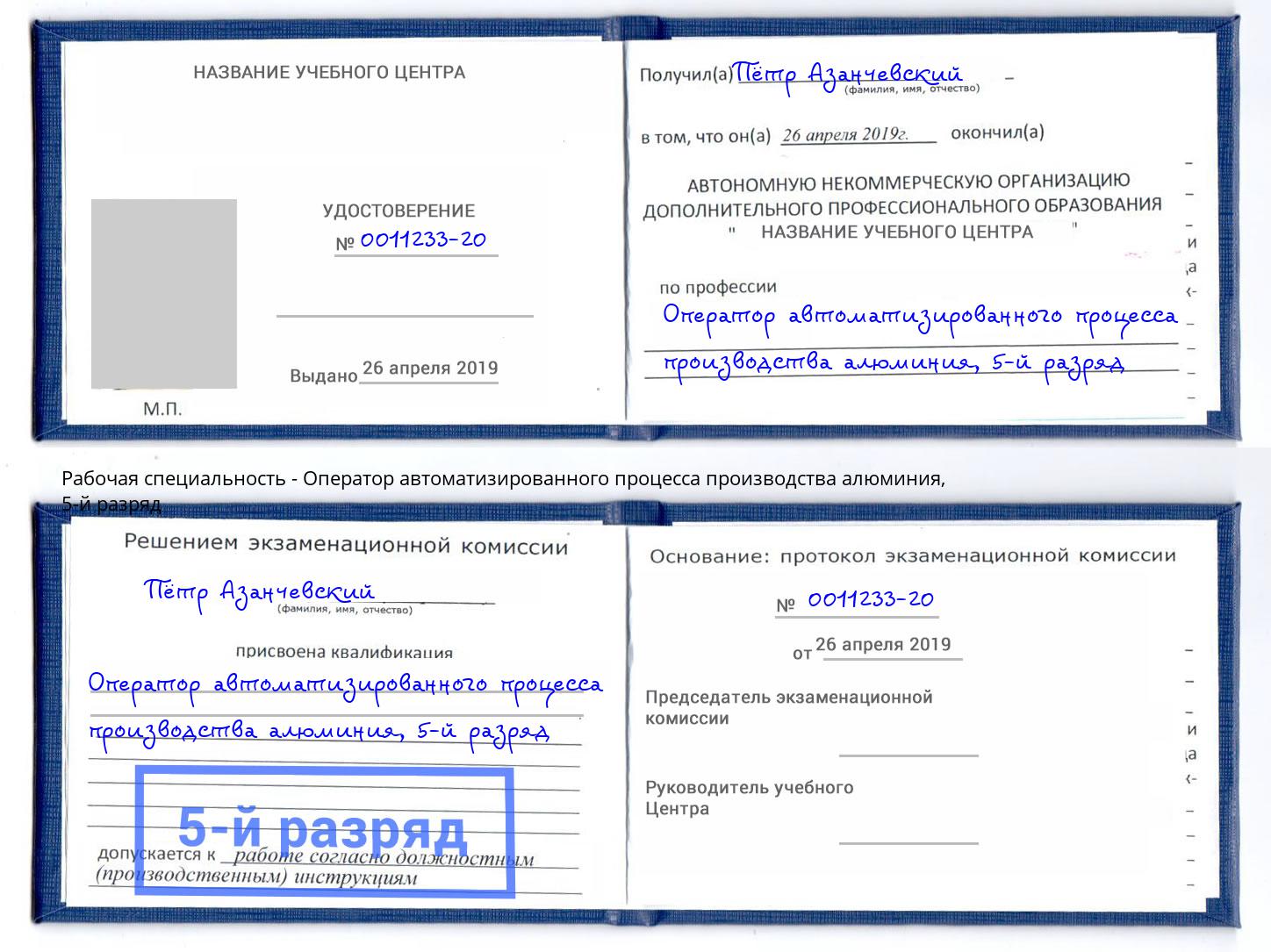 корочка 5-й разряд Оператор автоматизированного процесса производства алюминия Туапсе