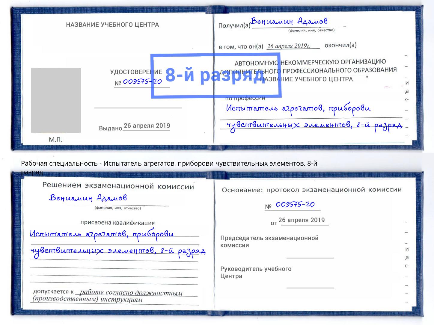 корочка 8-й разряд Испытатель агрегатов, приборови чувствительных элементов Туапсе